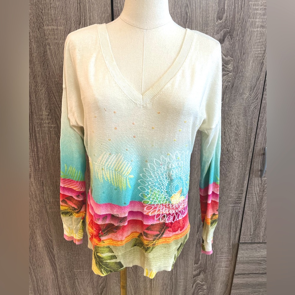 Multicolour V-Neck Sweater - White/Aqua/Pink/Yellow/Khaki